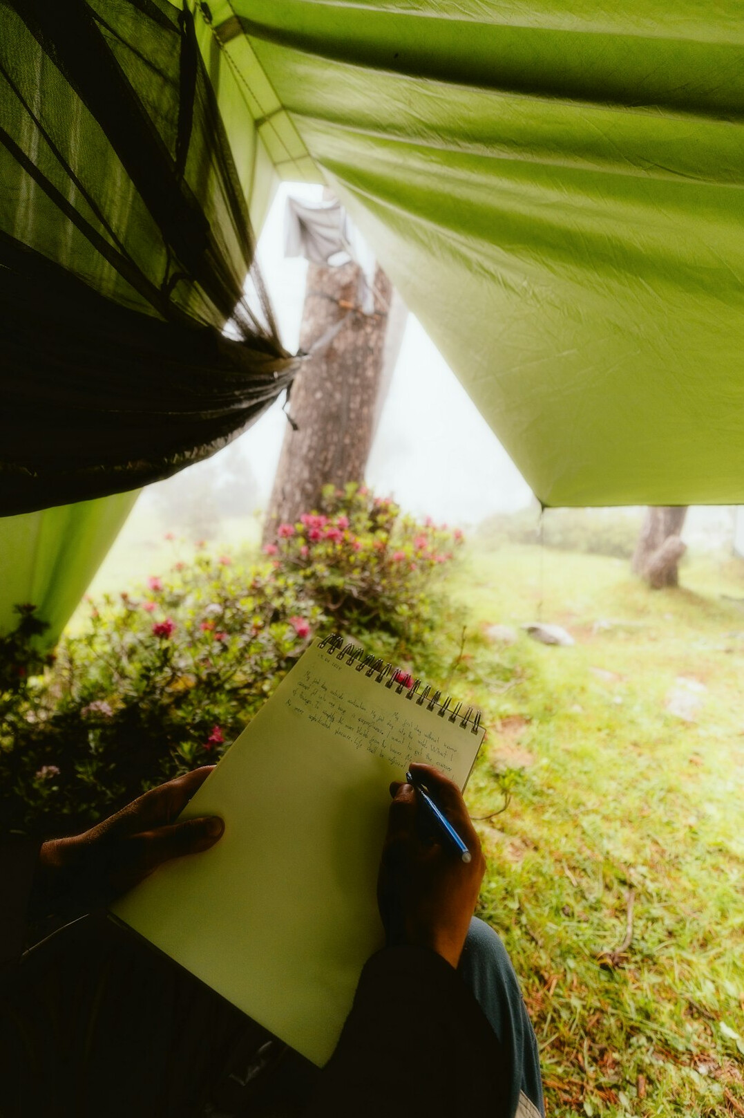 Hands writing in a journal outdoors with a calm garden background